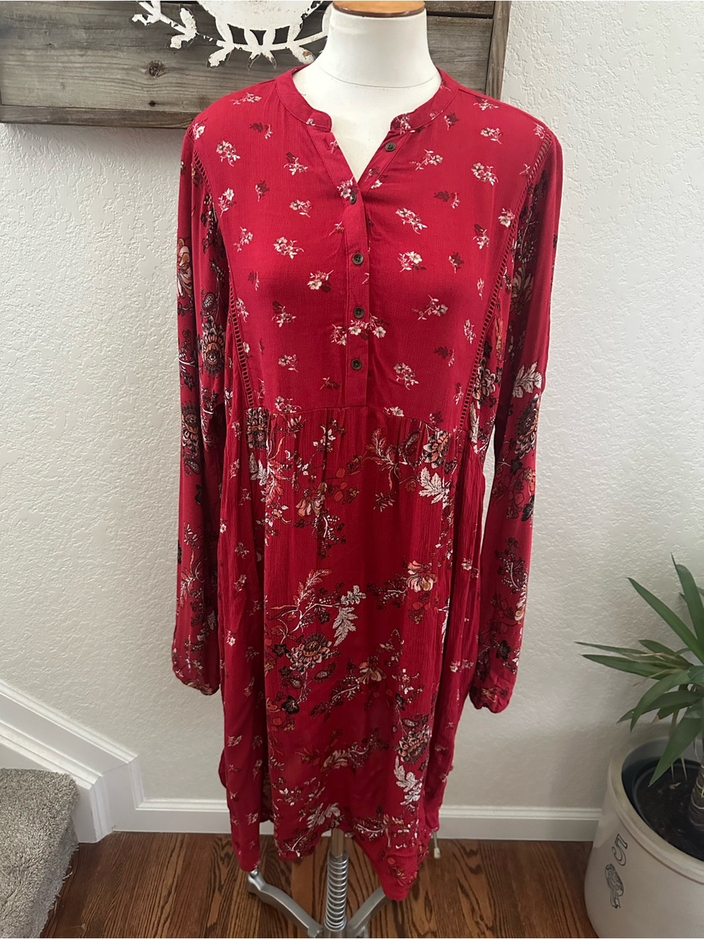 Knox Rose Floral Button-Front Red Women's Dress long sleeve size M NWT